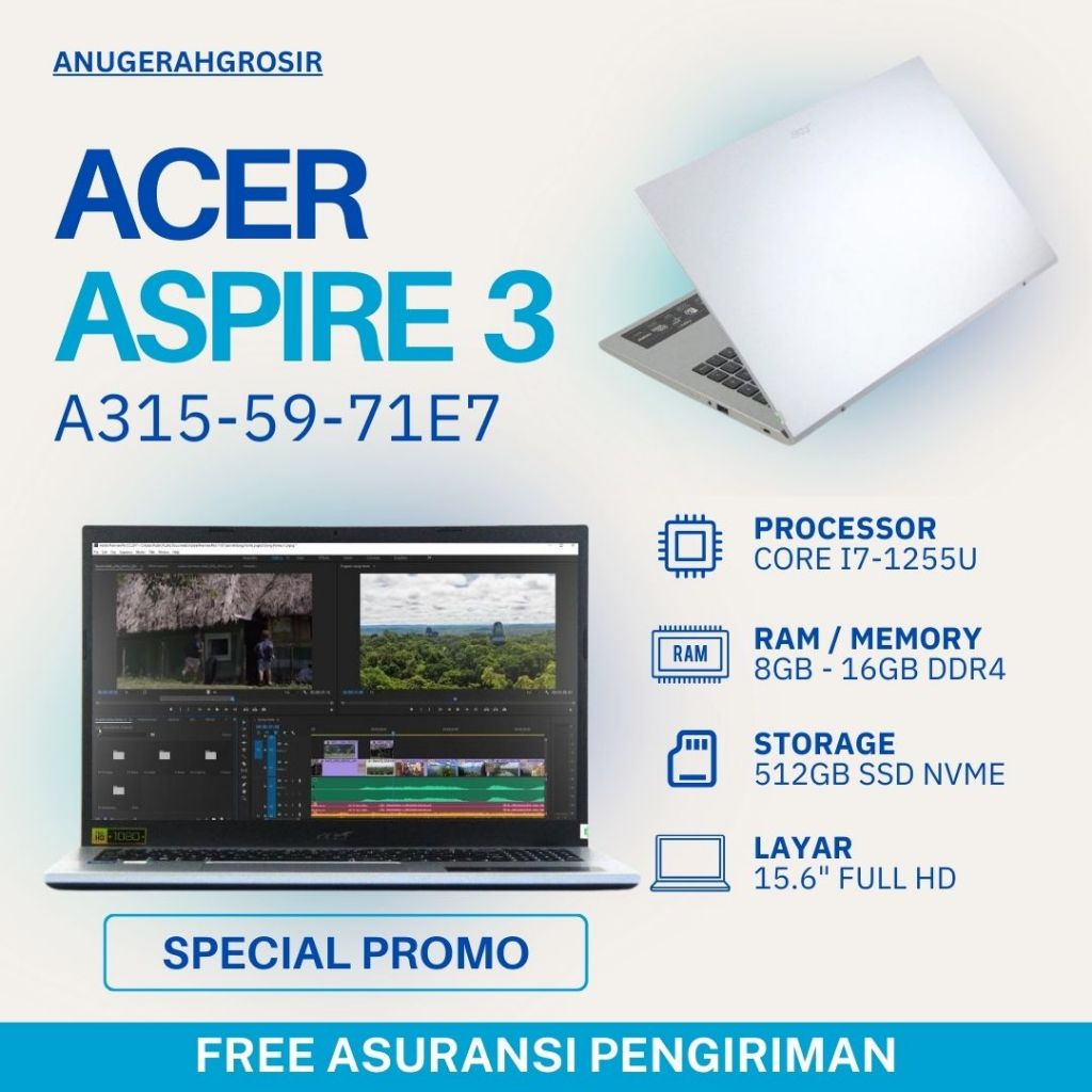 BARU Laptop Acer Aspire 3 A315-59-71E7 Core i7-1255U Ram 16Gb SSD 512Gb 15.6" FHD - Laptop core i7 M