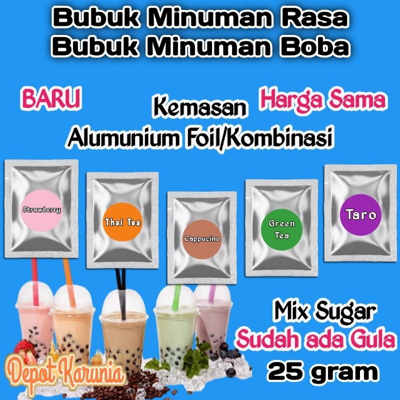 

Bubuk Minuman Rasa 25gr Reguler Serbuk Minuman Kekinian Kemasan Alumunium Foil