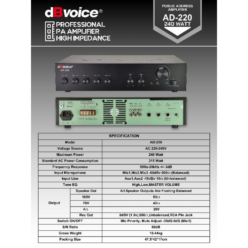 dBvoice AD-220 Amplifier Pemancar Suara Profesional 240 Watt