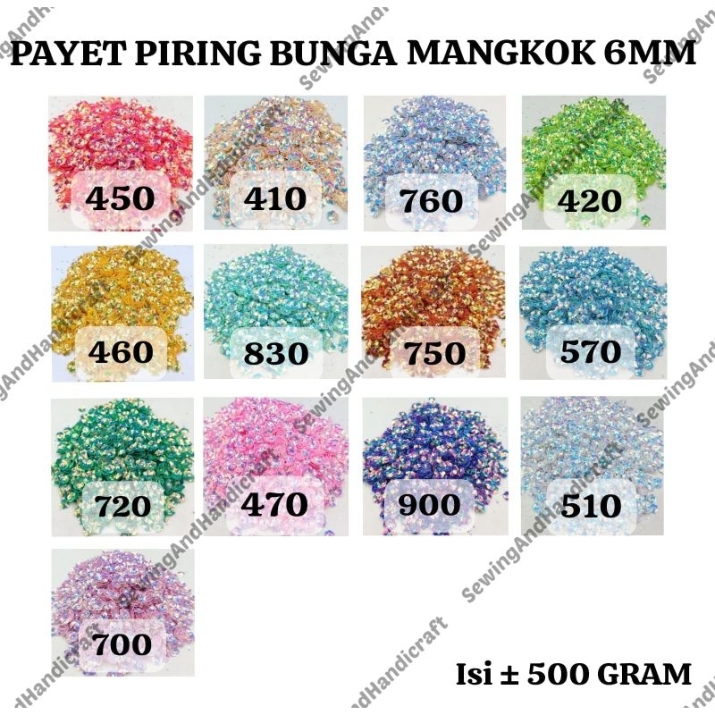 Payet Piring Pelangi/Manik/Ramboci Bunga Mangkok Kualitas Premium/Payet Piring Bunga Mangkok 6mm/500