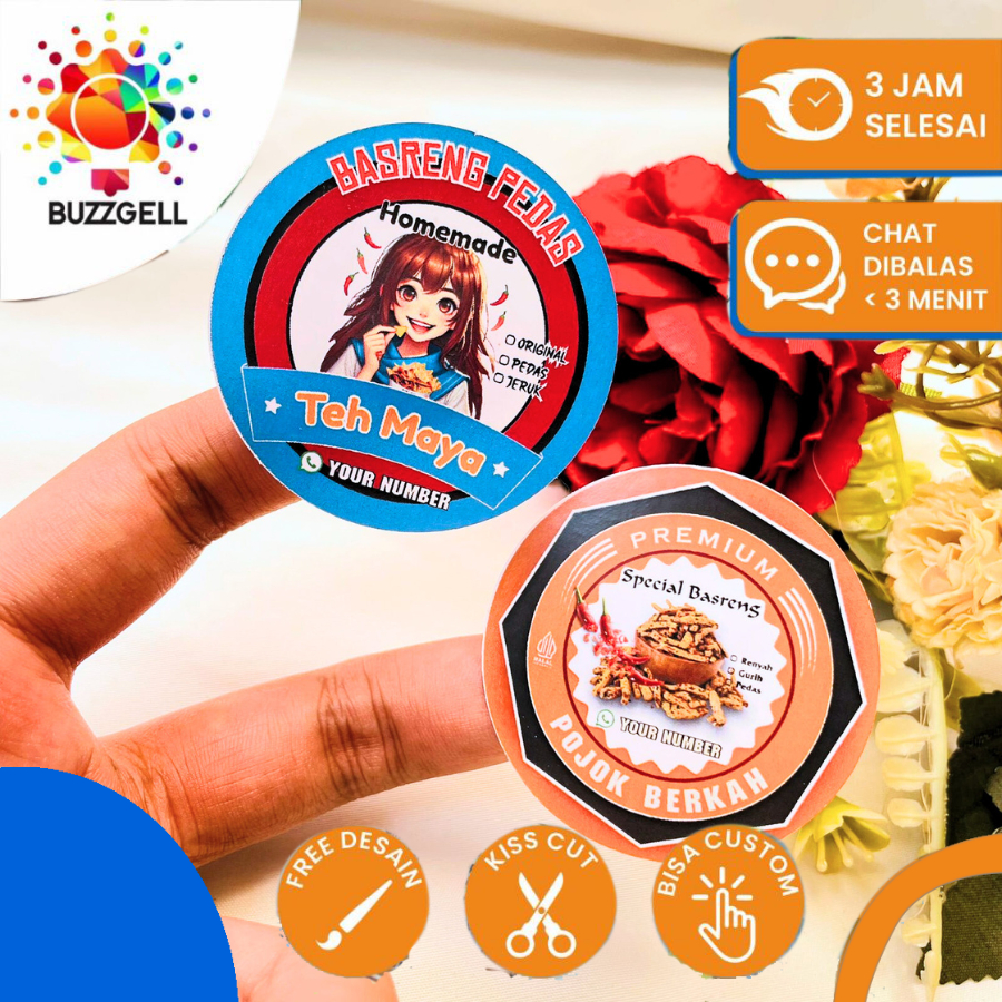 

Buzzgell Stiker Murah Bandung Print Sticker Label Kemasan Cemilan Snack Basreng Pedas Custom Nama