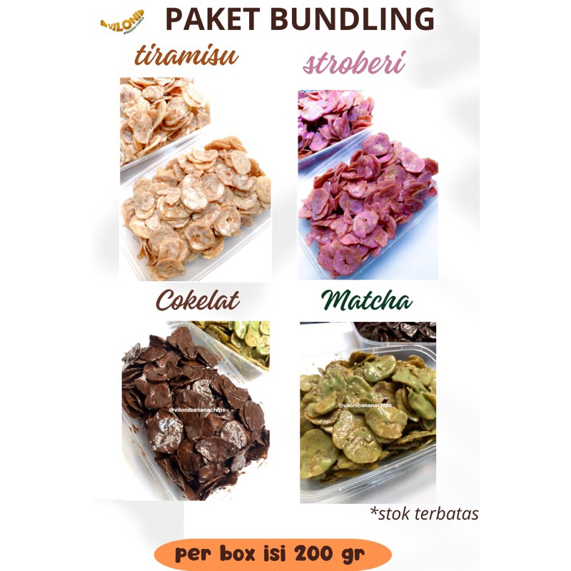 

promo paket bundling keripik pisang lumer all varian By viloni banana chips