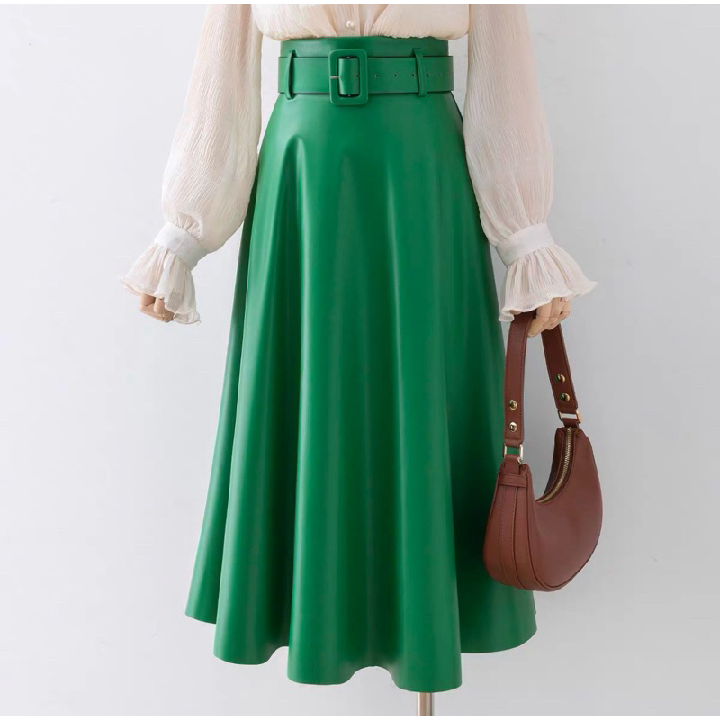 [LAVAYE GOODS] EMERALD GREEN LEATHER SKIRT | Rok Hijau Rok Kulit Panjang Hijau Rok Emerald Green Rok