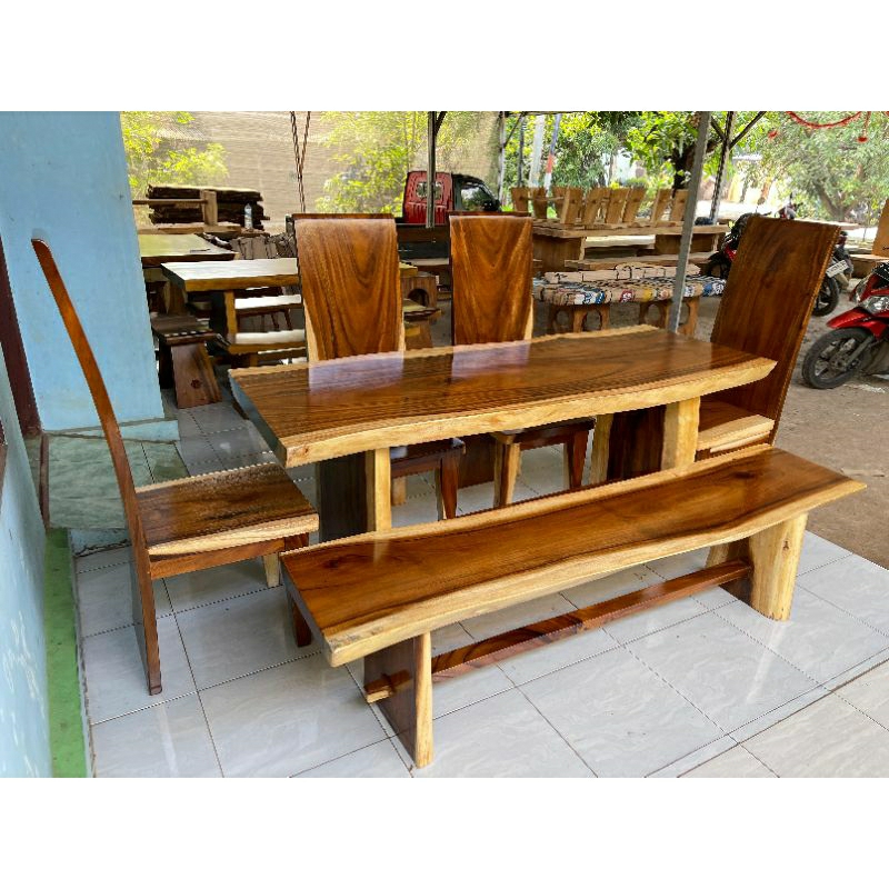 SET MEJA MAKAN TREMBESI KAYU UTUH 180X75 ALAMI DENGAN KURSI & BANGKU