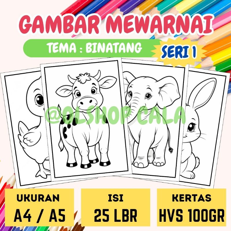 

Gambar Mewarnai *Tema Binatang 25 Lembar* untuk Anak TK SD PAUD Kertas HVS 100 gr (Bukan Buku Mewarnai) - _Seri 1_