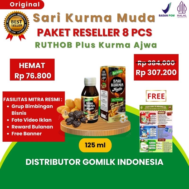 

[BISA COD + GARANSI] [GRATIS BANNER] [PAKET RESELLER 8 PCS] SARI KURMA MUDA RUTHOB Plus Kurma Ajwa 125ml