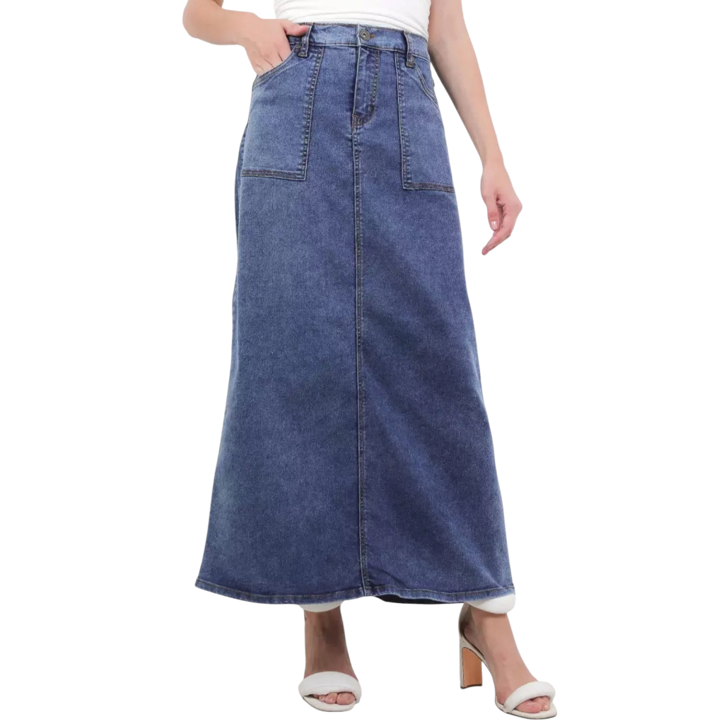 Rok Jeans Span Streach Panjang Wanita / Rok Jeans Lebar Karet Belakang / Bawahan Wanita Denim Casual