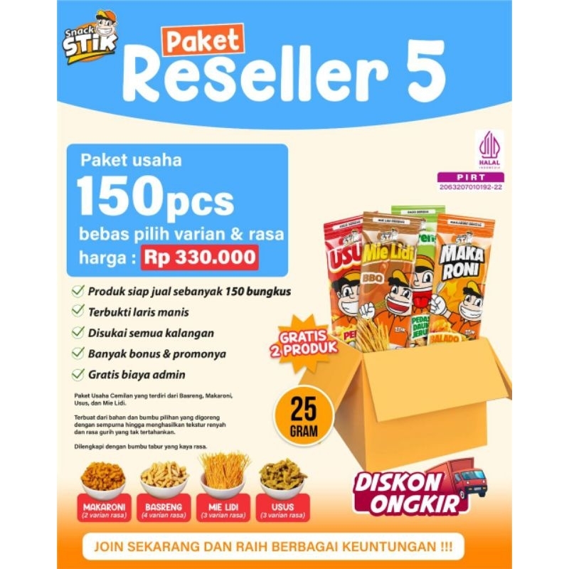 

Paket Usaha SnackStik dapat 150 Bungkus ukuran 25gr Varian Basreng, Mie Lidi, Macaroni dan Usus Crispy