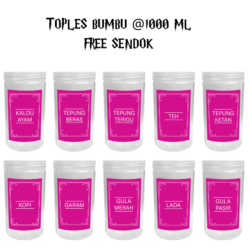 Toples Bumbu @1000 ML Free Sendok Toples bumbu dapur warna pink bahan plastik free stiker label Topl