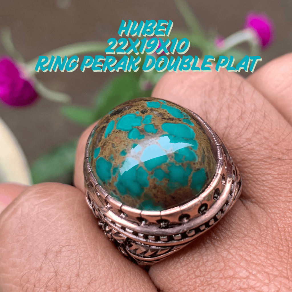 Pirus Hubei Hijau Tosca Urat Emas Rasa Persia Mewah Ring Perak size 8