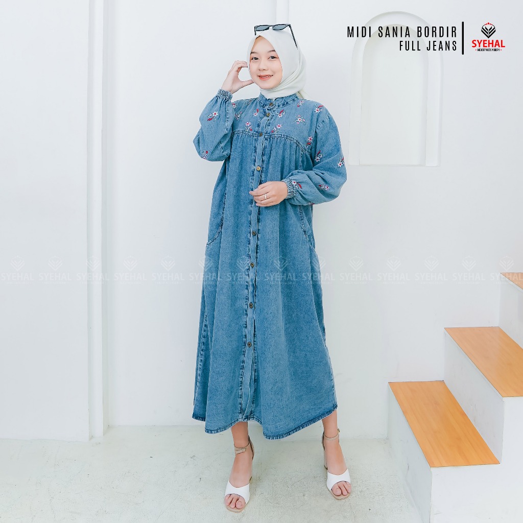 Syehal Gamis Midi SANIA Busui -  Midi Dress Jeans Wanita Muslim Kekinian - Pakaian Jeans 2025 Muslim