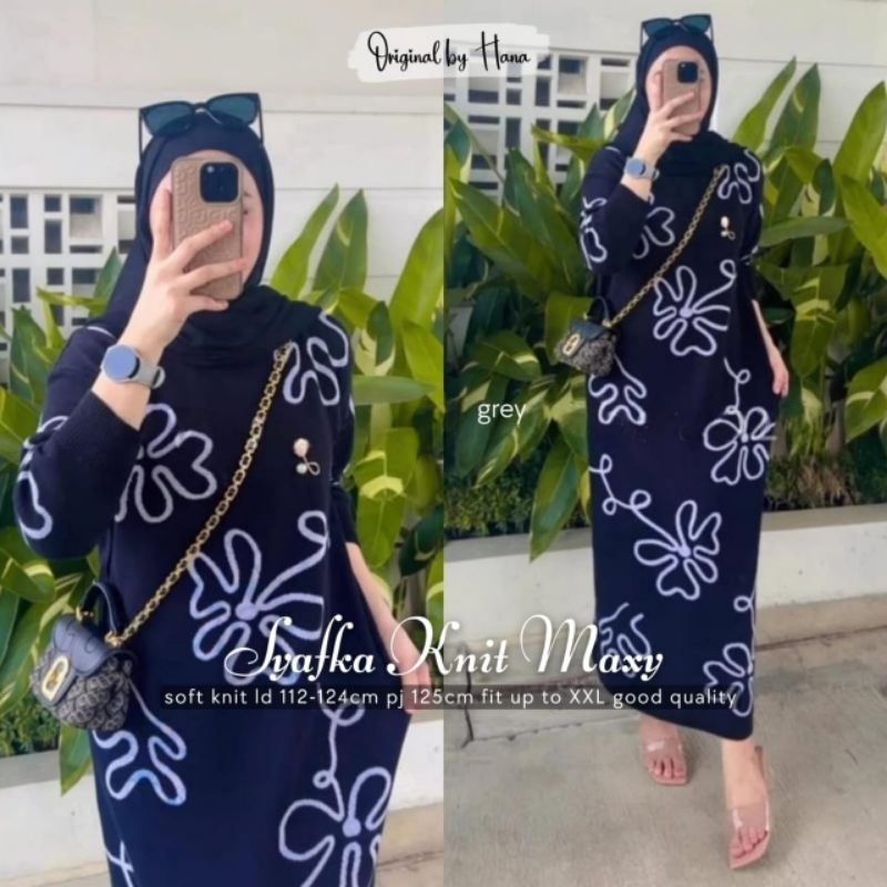 syafkah dress knit premium by hana gamis jumbo ld120 ld 130 xl xxxl xxl dress rajut gamis knit impor