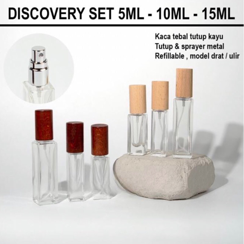 Botol Spray Kotak 5ml 10ml 15ml Kaca Tebal Tutup Kayu/ Botol Parfum Isi Ulang Travel Size