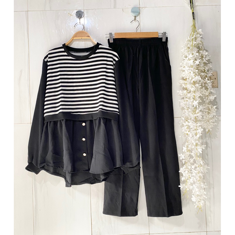 setelan celana wanita kulot lebar kombinasi salur kaos knit setcel wanita
