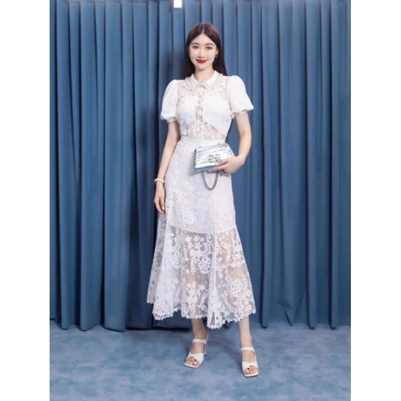 puff sleeve collar lace brukat brokat  midi dress premium europe paris dress gaun pesta wedding part