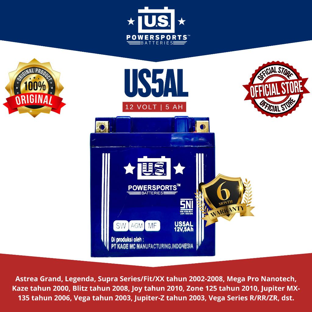 Aki Motor US PowerSports US5AL - 5 Ah (Garansi 6 Bulan)