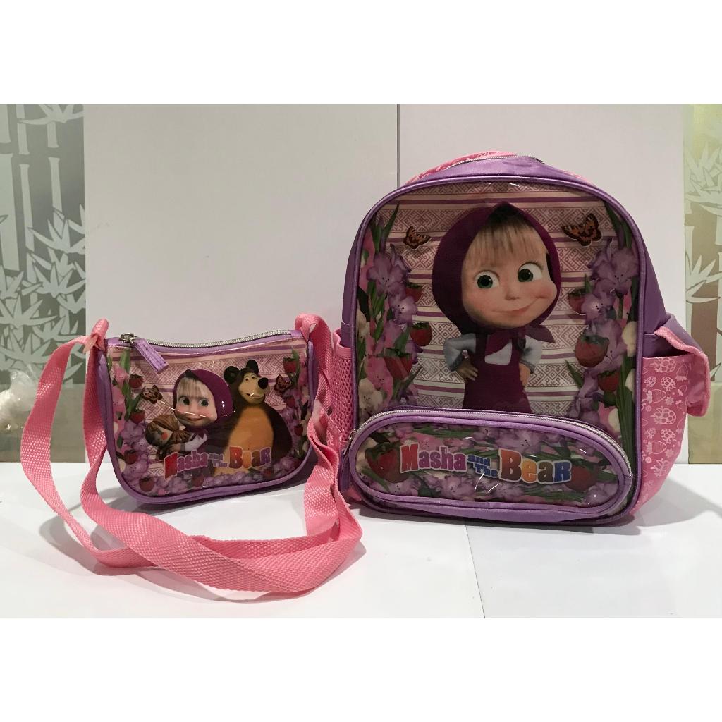 TAS 2in MASHA AND THE BEAR ORIGINAL WARNA UNGU 21x10x25cm  (RANSEL) & 17x5x11cm  (TAS KECIL) PxLxT