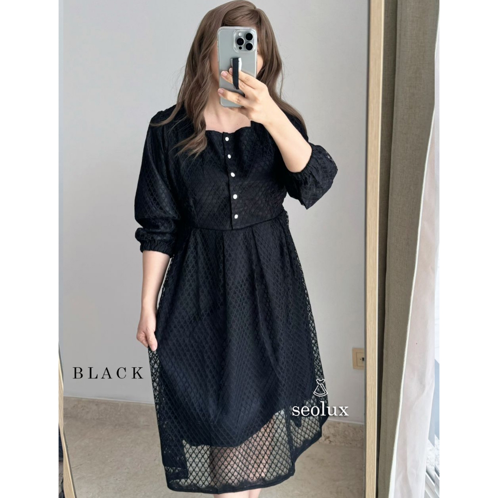 SEOLUX - DS1768 - Bianca Dress | Dress Brukat Midi Party Dress Flare Korean Style