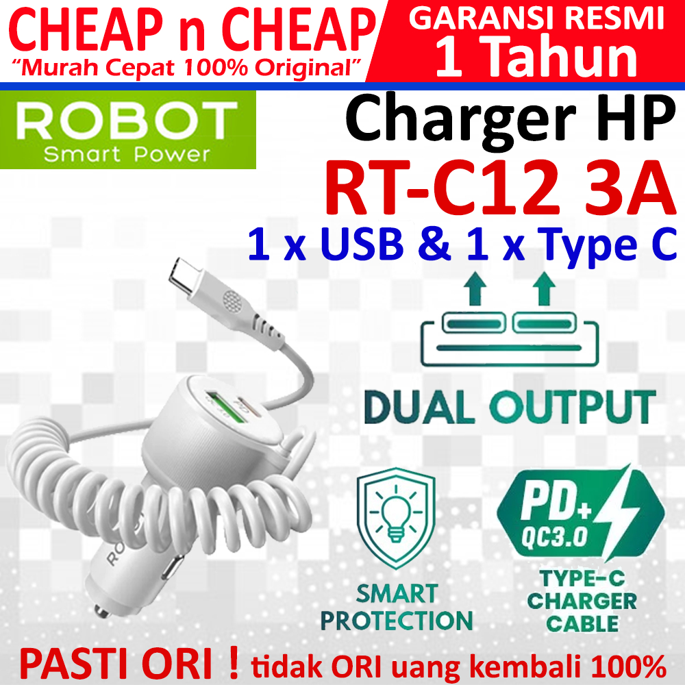 Robot Car Charger Triple Port RT-C12 3A 1 USB 2 USB C - Charger Cas Casan HP Mobil Motor
