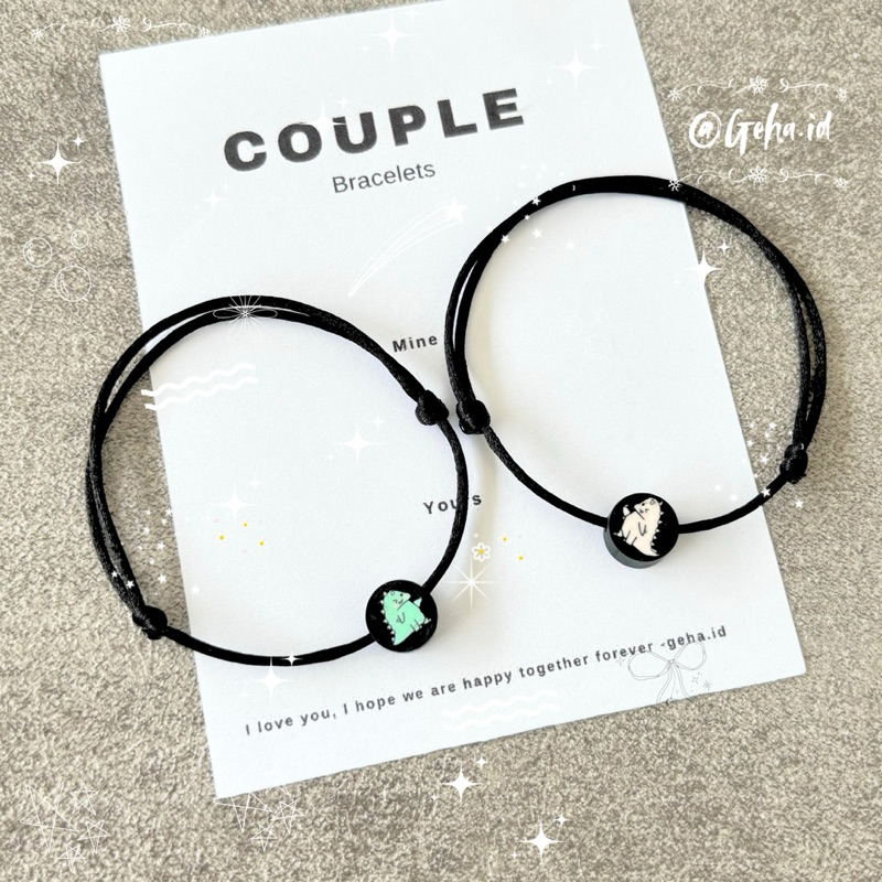2pcs- Gelang tali couple dino / Gelang couple dino hijau & pink  / Gelang pasangan / Gelang dino