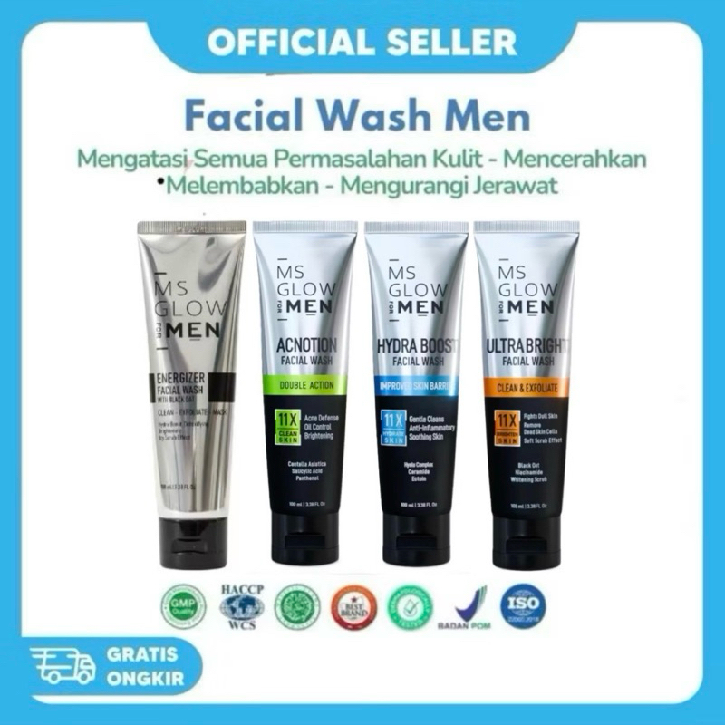 FACIAL WASH ULTRA BRIGHT MS GLOW MEN FACIAL WASH ACNOTION MS GLOW MEN FACIAL WASH HYDRA BOOST MS GLO