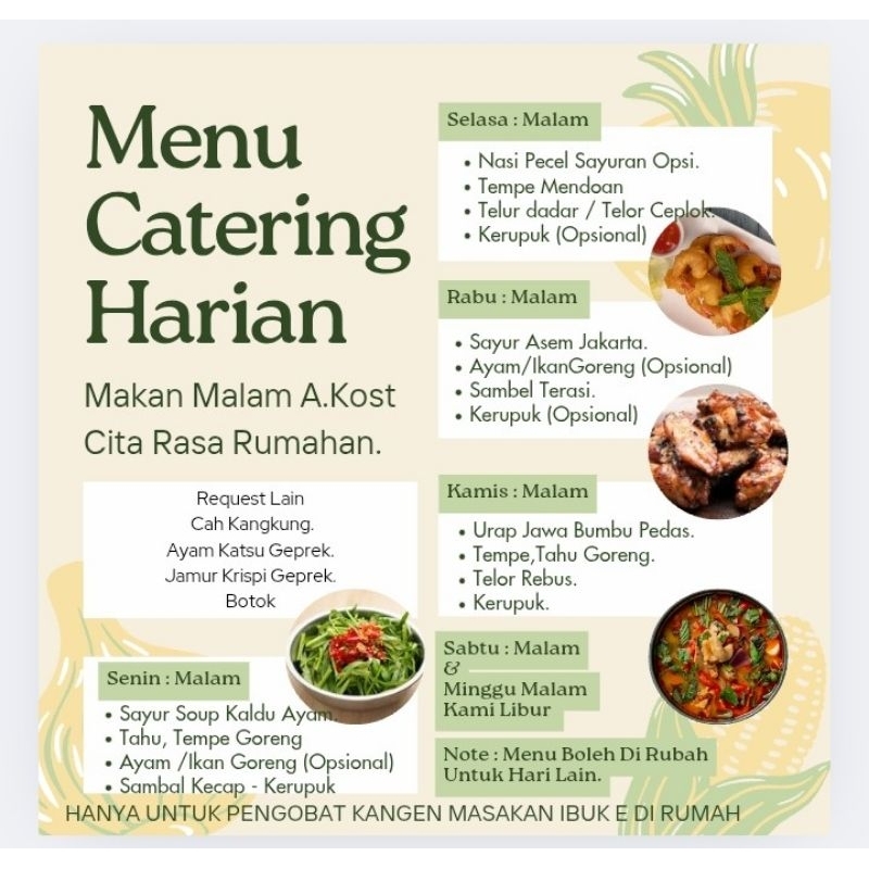 

CATERING HARIAN ANAK KOS 14K TANPA AYAM ATAU IKAN