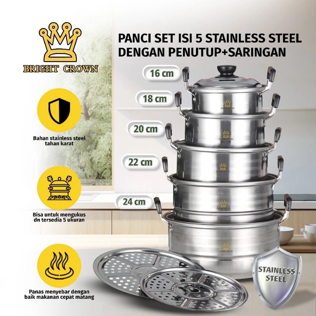 Bright Crown 12in1 Panci Steamer Set Stainless isi 5 pcs + 2pcs Kukusan Panci Bahan Tebal PREMIUM