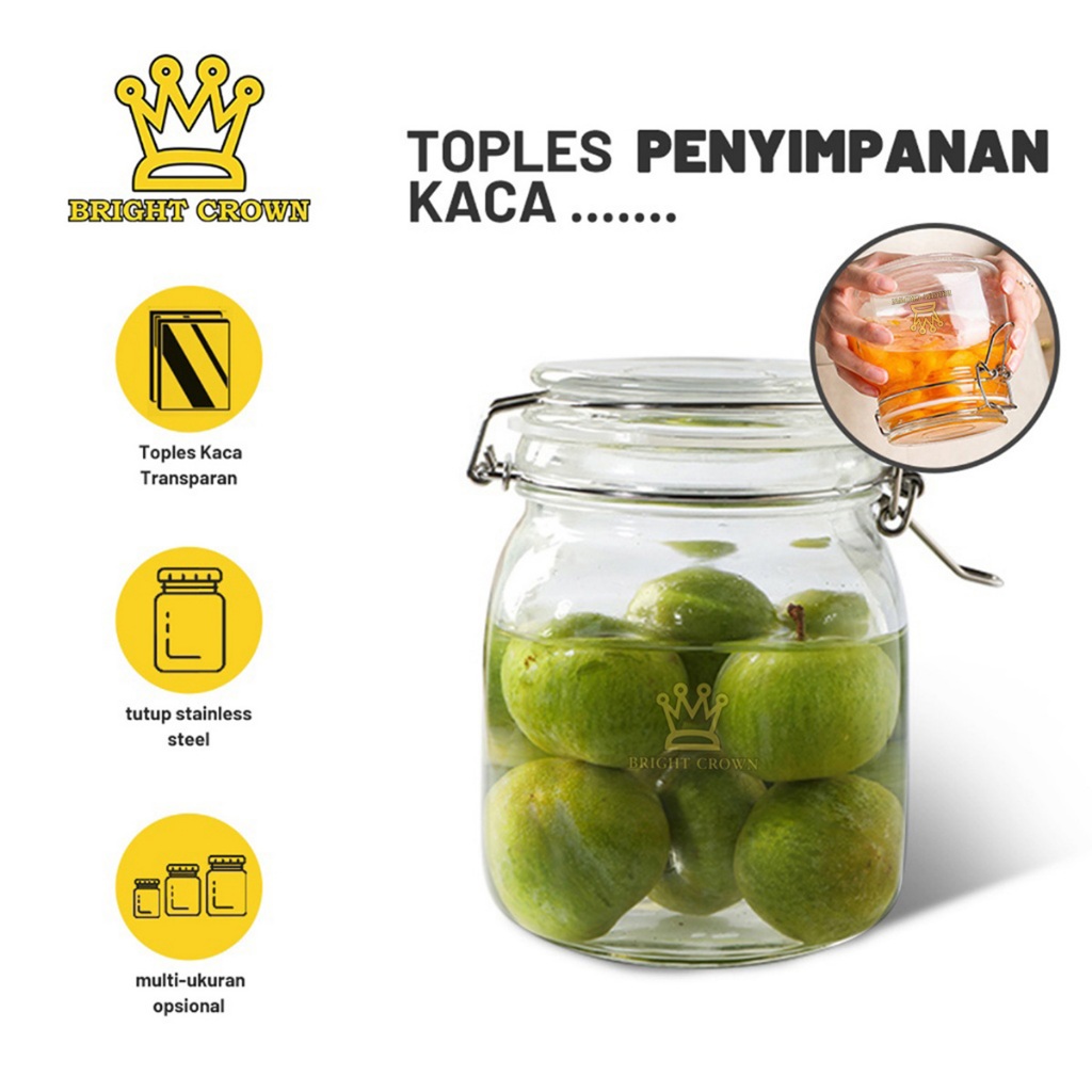 Bright Crown Toples Kaca Penyimpanan Kedap Udara/Toples Makanan Bening 500ml 750ml 1000ml Anti Karat