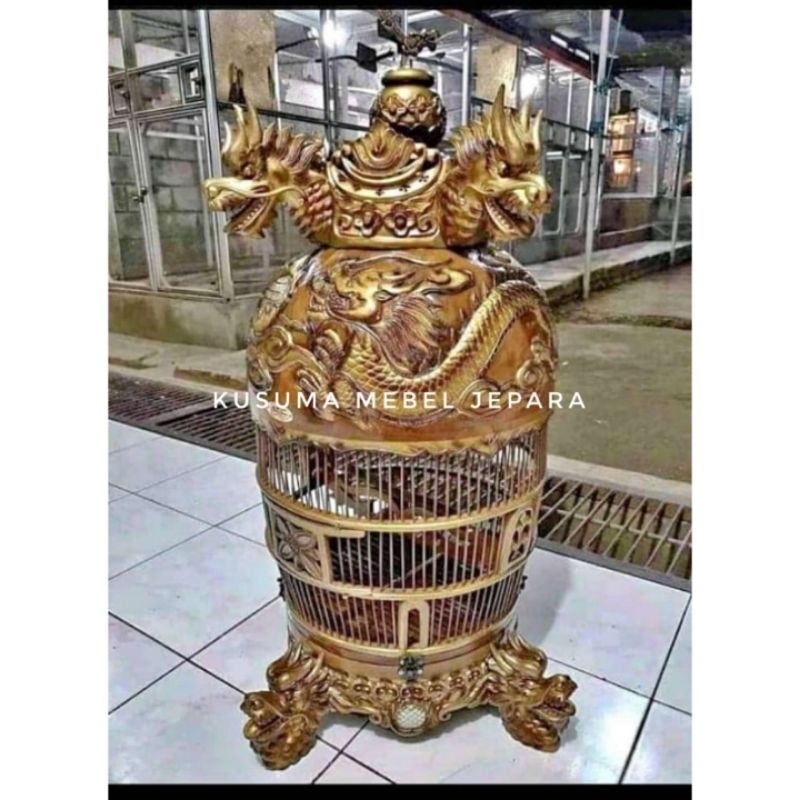 Sangkar Burung Perkutut Model Mahkota Ukir Relief Naga Kayu Jati Finishing Emas (Free packing kayu)