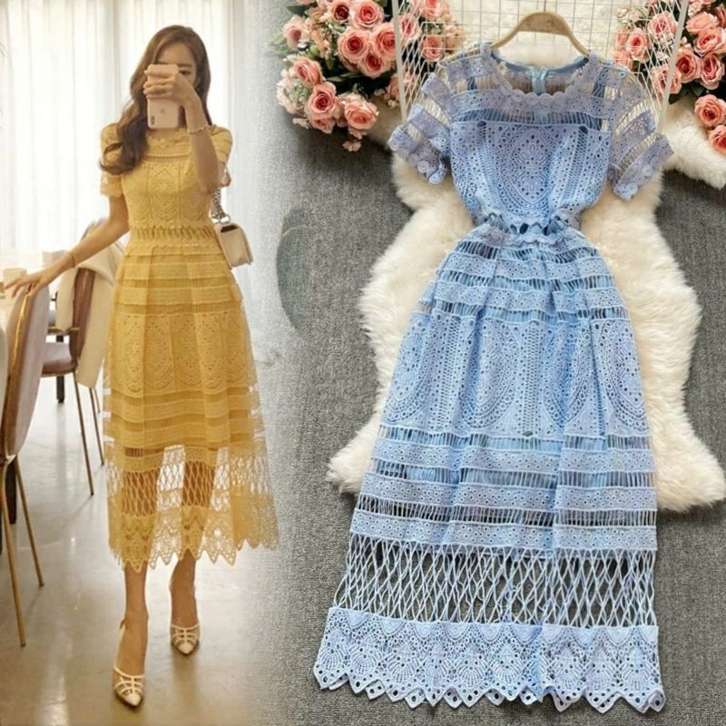 sleeve midi dress simple lace brukat brokat premium europ long dress gaun pesta wedding party event 