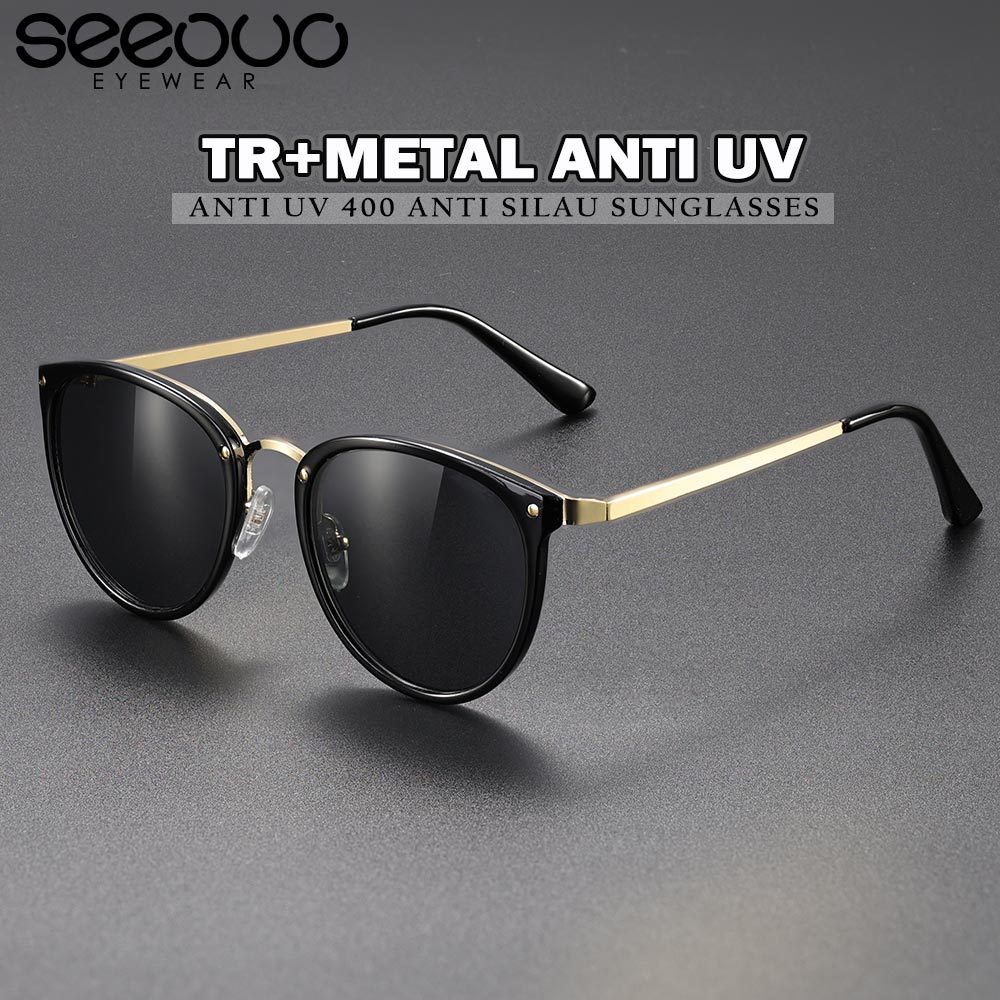 Seeouo Sunglasses Kacamata Hitam UV 400 Protection Model Oval Stylish Retro Fashionable Metal+TR90 W