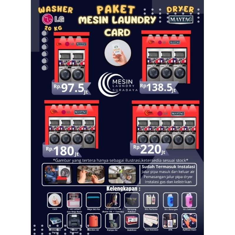 Paket usaha laundry card sistem 3 Set LG 20kg dan Maytag