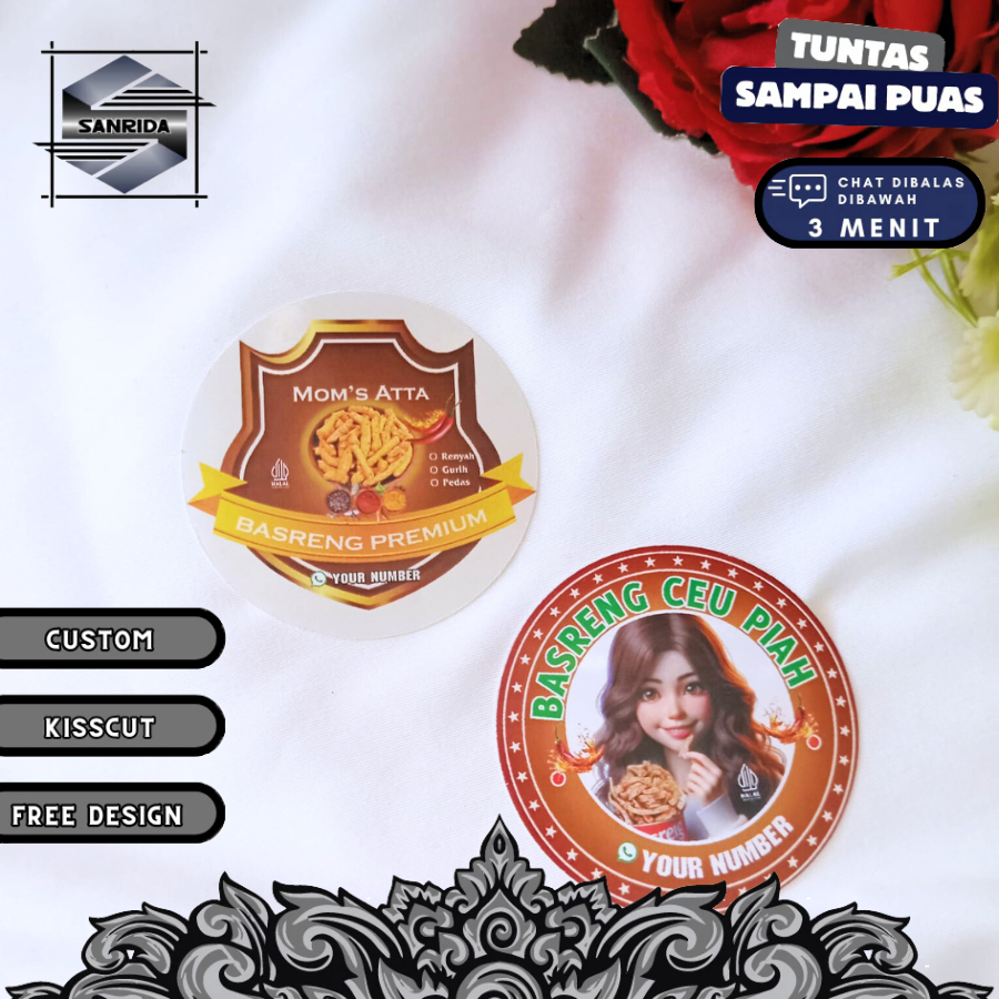 

5-8 Sanrida Sticker Print Label Cemilan Basreng Murah Bandung Stiker Free Desain Custom Nama Sedang