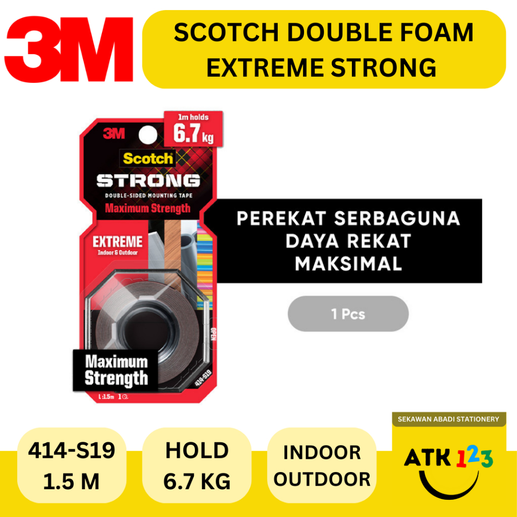 

3M Scotch Double Sided-Mounting Tape, Menahan hingga 6.7kg 414-S19 EXTREME STRONG Indoor Outdoor