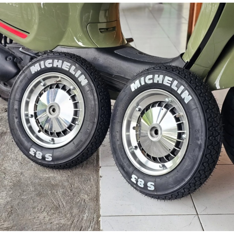 Velg SIP OEM Polish Set Tromol Scarlet & Ban Tubeless Michelin S83 Ring 10 3.50 Vespa Px Sprint Npx 