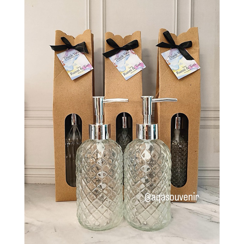 SOUVENIR BOTOL SABUN CRYSTAL CUSTOM KEMASAN BOX / SOUVENIR PERNIKAHAN / SOUVENIR BOTOL PUMP KACA / S