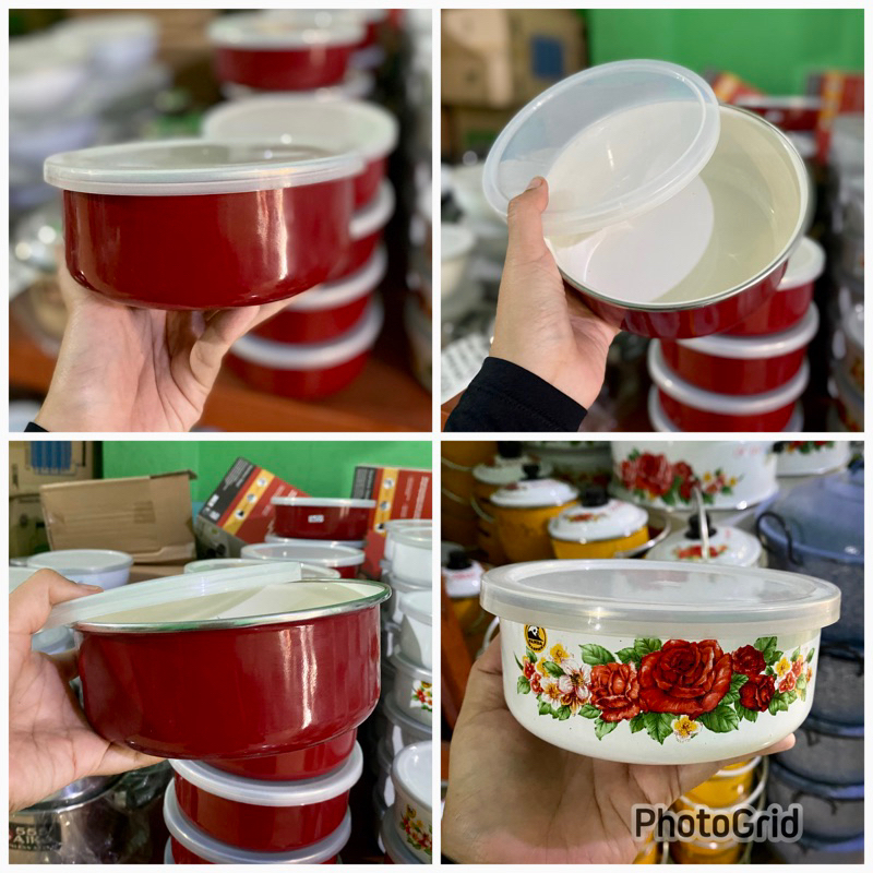 Mixing bowl mangkok enamel tutup plastik 14cm dan 16cm