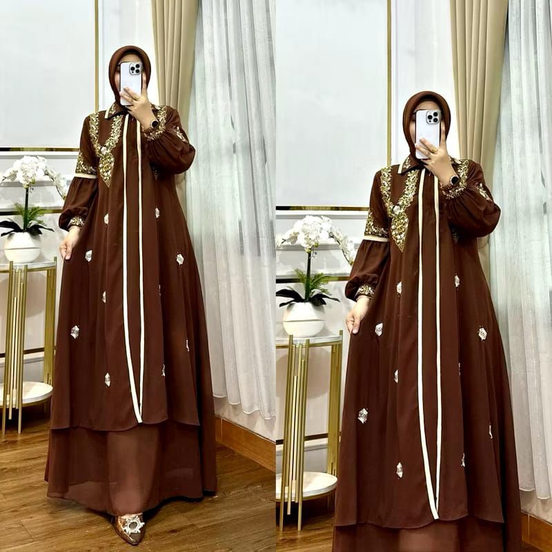 Gamis pesta elegan mewah kekinian baju gamis dua Layer