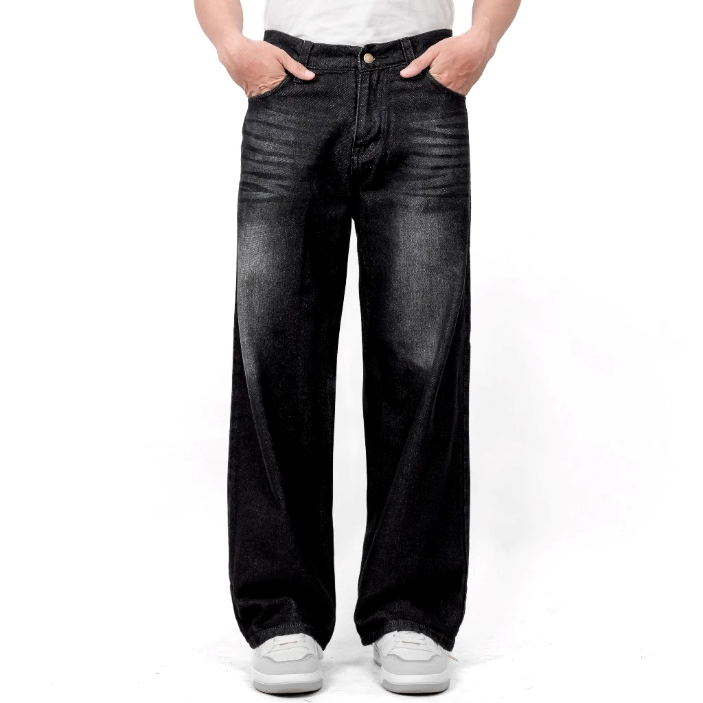 Celana Jeans Pria Gombrong Skena – Wide Leg Black Whisker Basic Baggy Pants Denim Loose Fit