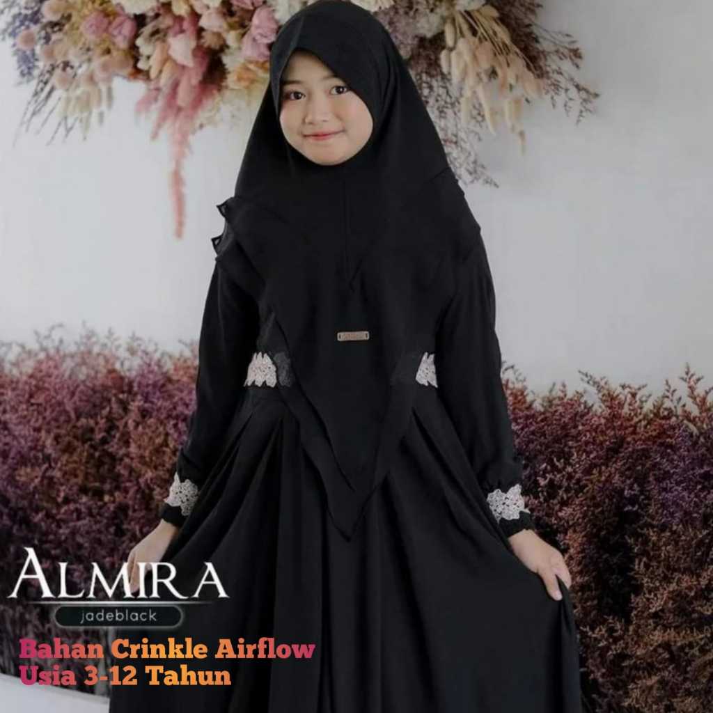 Almira Kids  Gamis set hijab Syari Anak Usia  5-12 Tahun Berbahan Crinkle Airflow Mix Renda Berkuali
