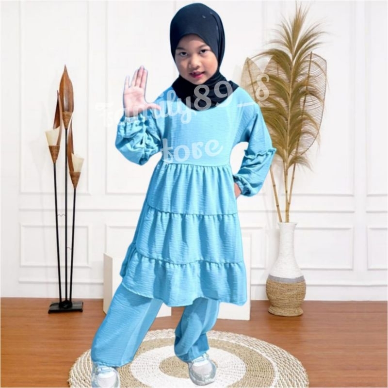Baju Setelan muslim Anak perempuan/One set Tunik aurel Bahan Crinkle air flow Anak 4-12Tahun/Setelan