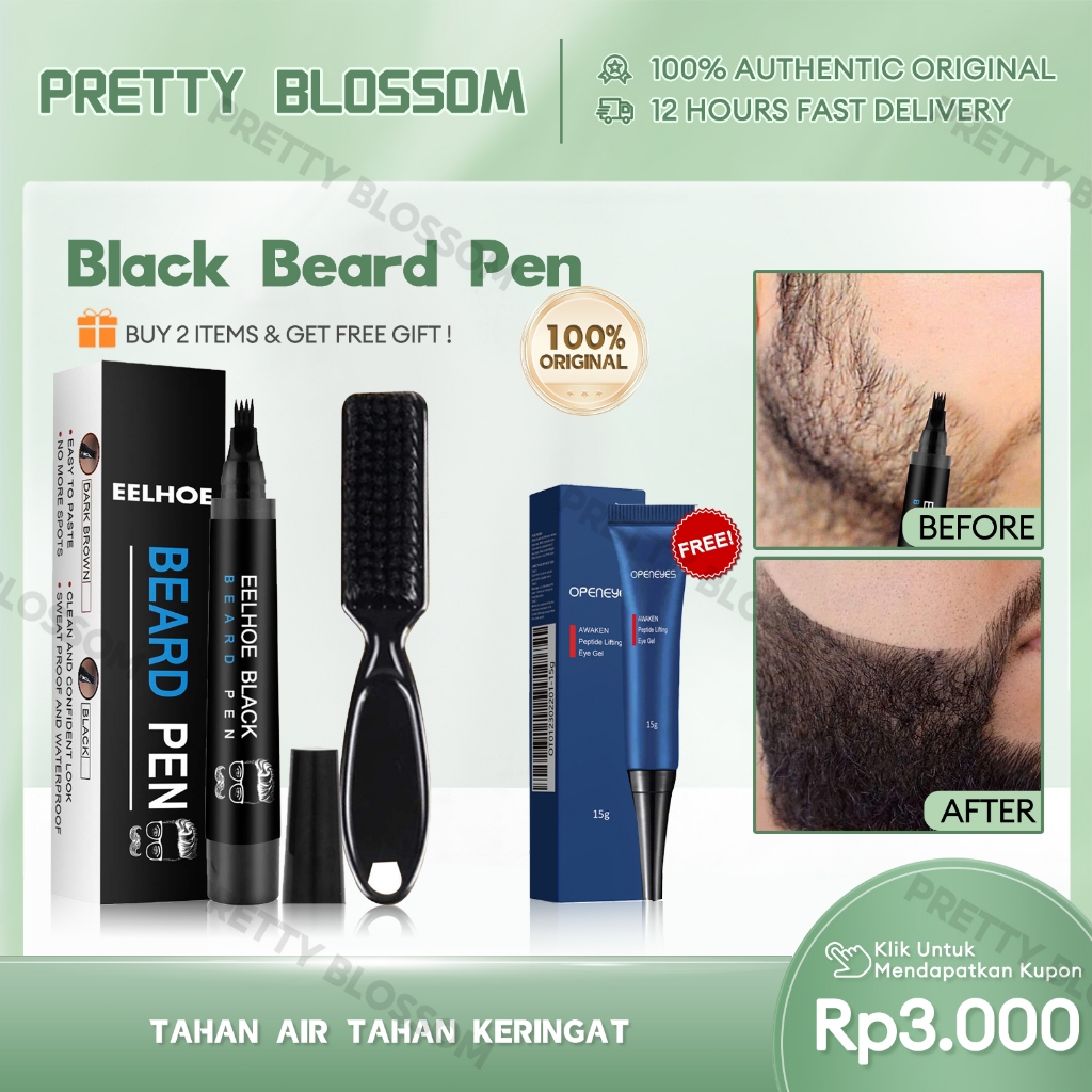 EELHOE Beard Pen Black Beard Filler Pen Kit Pena Jenggot 4-Tip Jenggot Filler Pensil Dengan Brush