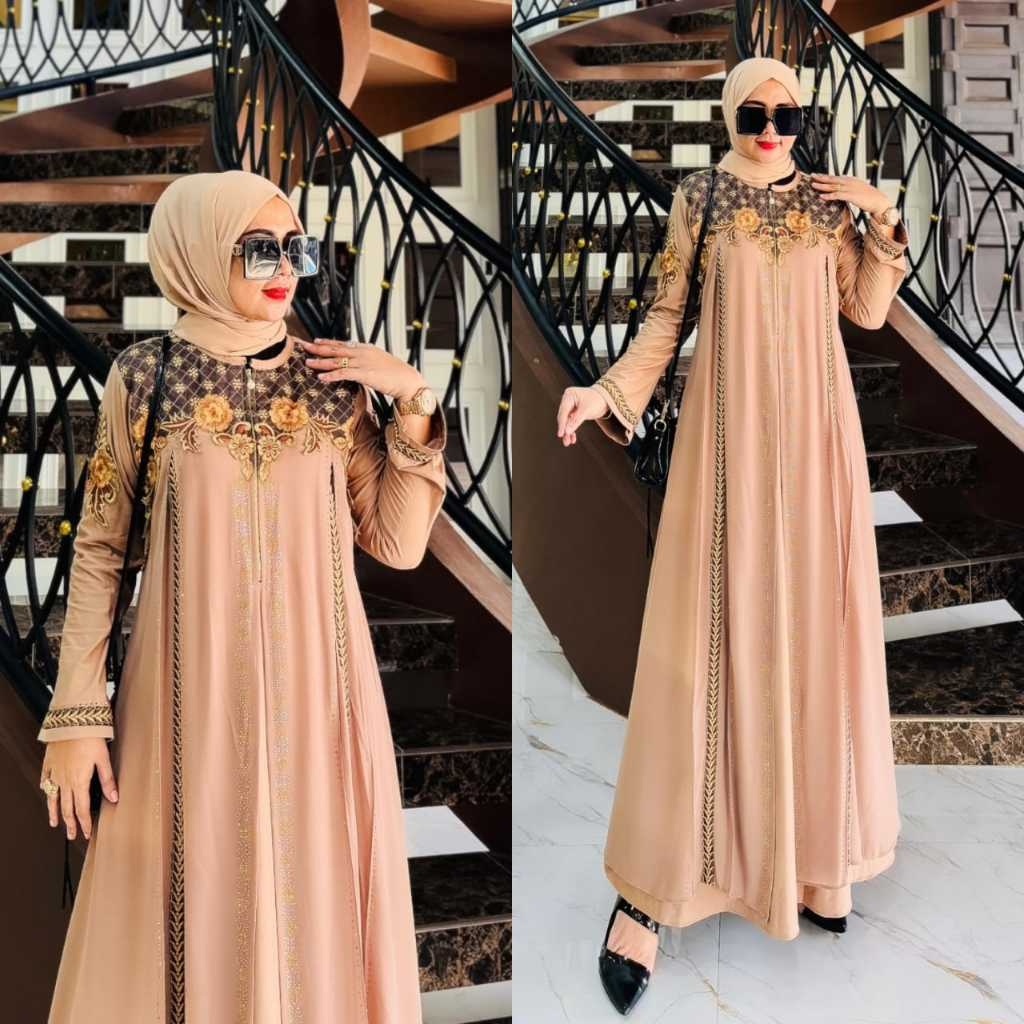 Gamis Abaya Turkey Coksu Bahan Jersey Mix Ceruty Bordir / Baju Busana Maxi Dress Muslim Wanita - May