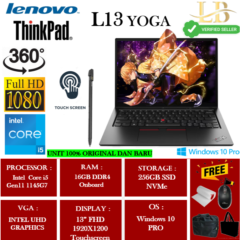 Laptop Kerja Lenovo Thinkpad L13 Yoga Gen2 Intel i5 1145G7 16GB 256GB 13"Full HD Touch +PEN