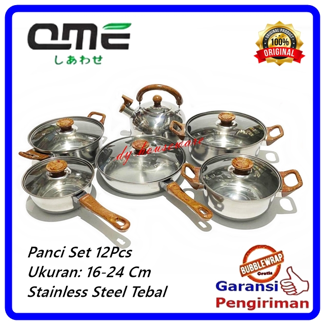 Panci Set Stainless Tutup Kaca 12Pcs Dengan Teko Siul 3 Liter Panci Beranak Serbaguna Stainlis QME