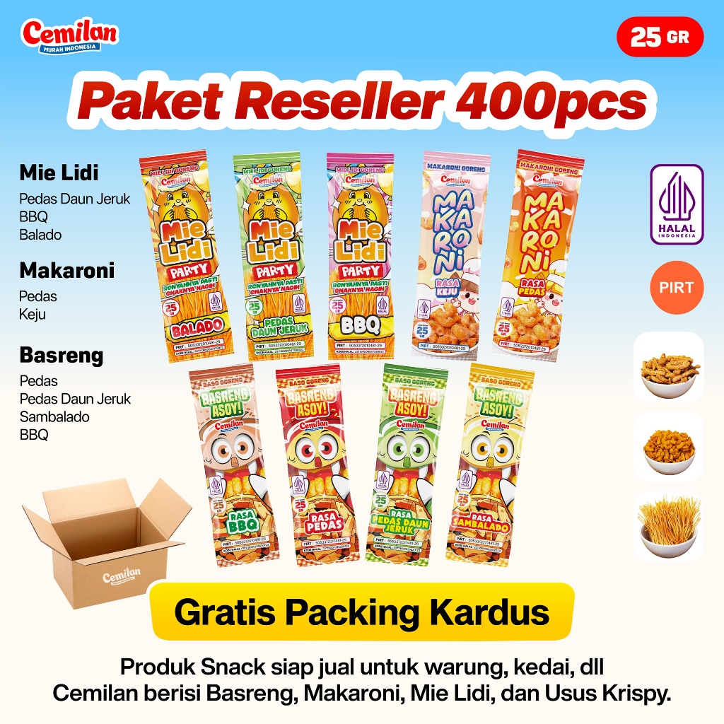 

Paket Usaha 400pcs Reseller Snack Cemilan Murah Indonesia - Makaroni Basreng Mie Lidi - Food Halal Renyah Gurih Asin Goreng Pedas