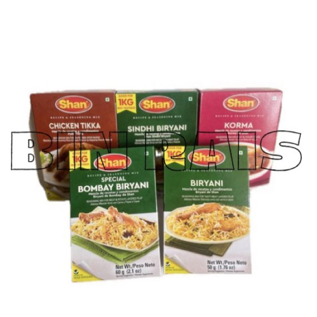 

SHAN BUMBU SINDHI BIRYANI / CHICKEN TIKKA / BOMBAY BIRYANI / KORMA / BIRYANI
