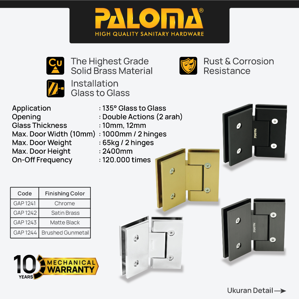 PALOMA Engsel Shower Hinge Pintu Kaca Kamar Mandi Jepit Penjepit Partisi Box Kaca ke Kaca Glass to G