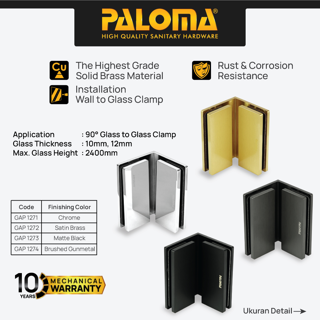 PALOMA Glass Clip Kaca Klip Klem Jepit Penjepit Partisi Kaca ke Kaca Glass to Glass GC GG 90 Derajat