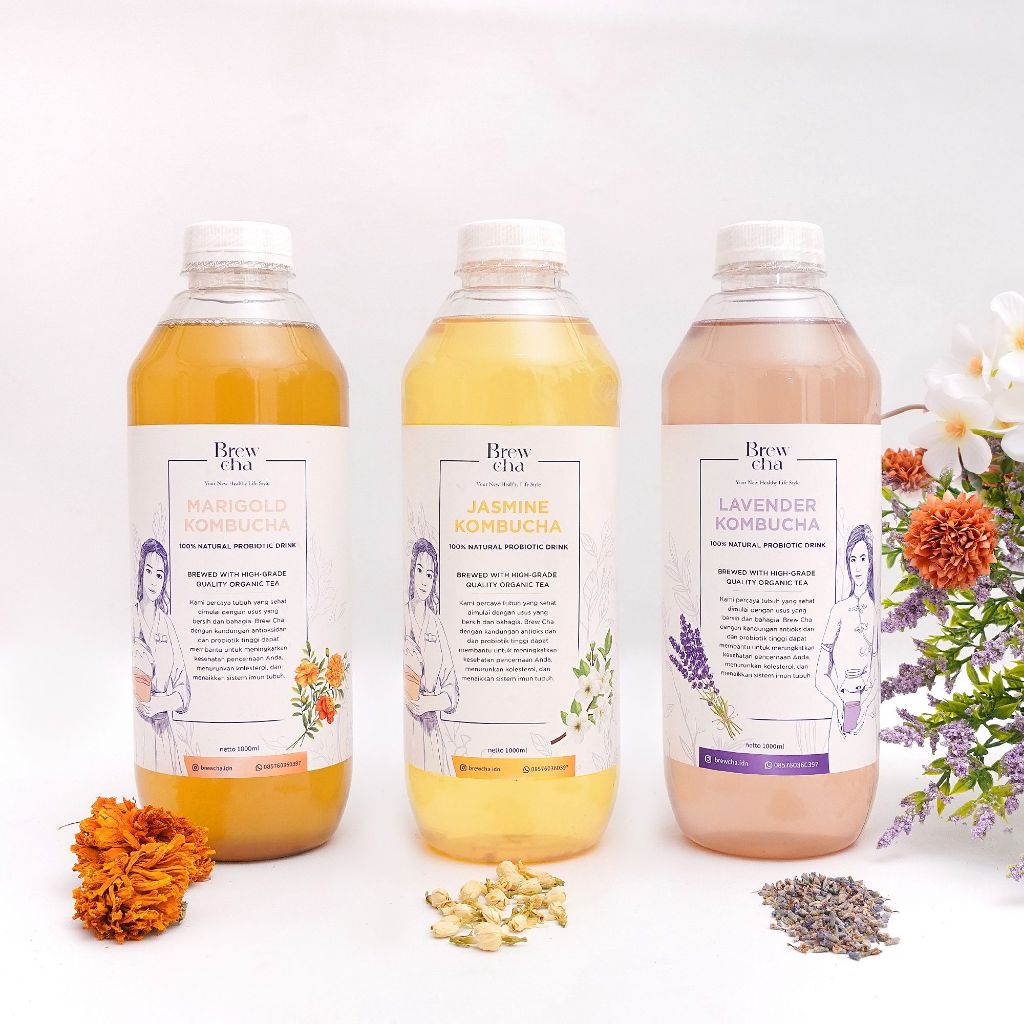 

Teh Kombucha Organik - Kombucha Marigold- Kombucha Jasmine-Kombucha Lavender BREWCHA 1L